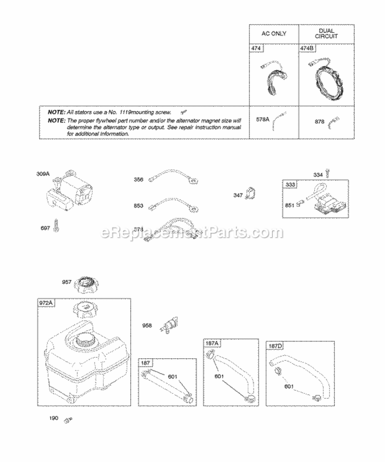 Alternator Electric Starter Fuel Supply Ignition Diagram and Parts List for 20C114-0274-E1  Briggs and Stratton Engine